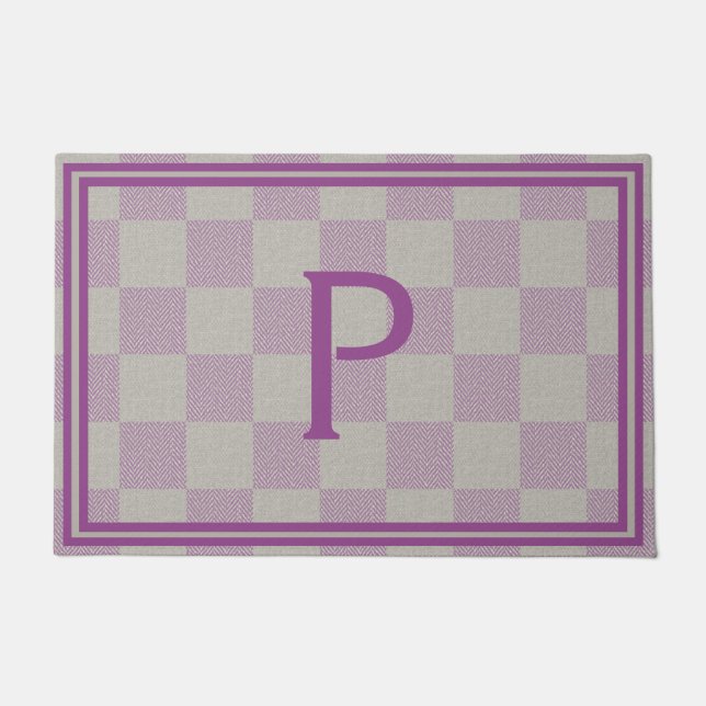 Elegant Plum Gray Buffalo Plaid Monogram Doormat (Front)