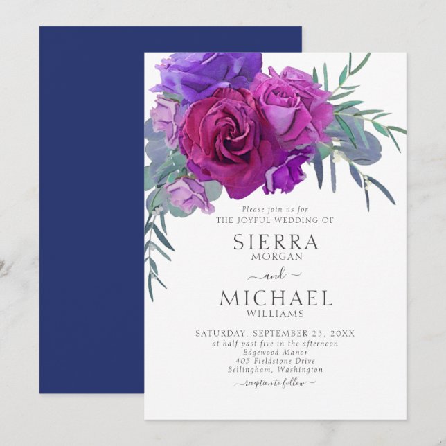 Elegant Plum Lilac Navy Floral Botanical Wedding Invitation (Front/Back)
