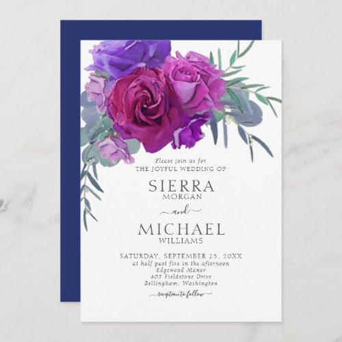 Elegant Plum Lilac Navy Floral Botanical Wedding Invitation