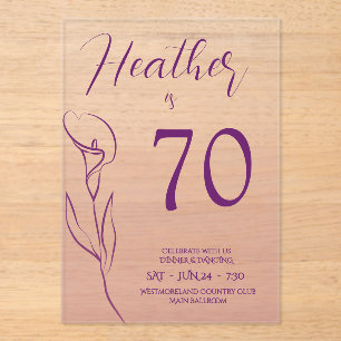 Elegant Plum Lily Floral 70th Birthday Acrylic Invitations