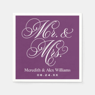 Elegant Plum Mr and Mrs Script Wedding Paper Napkins