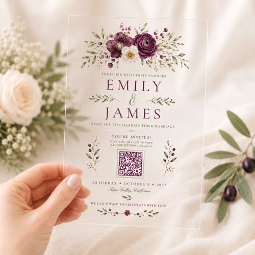 Elegant Plum Olive Botanical QR Code Wedding Acrylic Invitations