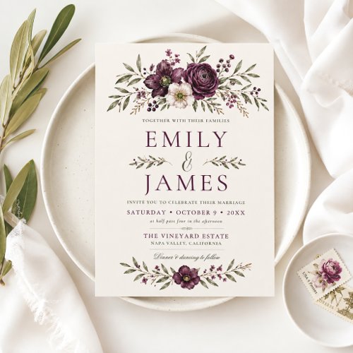 Elegant Plum Olive Botanical Wedding Invitation