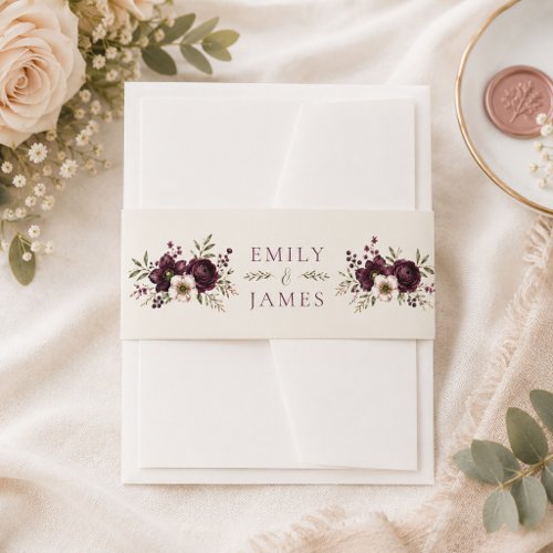 Elegant Plum Olive Botanical Wedding Invitation Belly Band