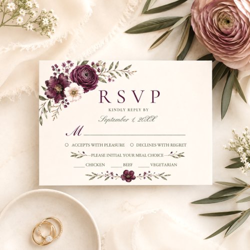 Elegant Plum Olive Botanical Wedding RSVP Card
