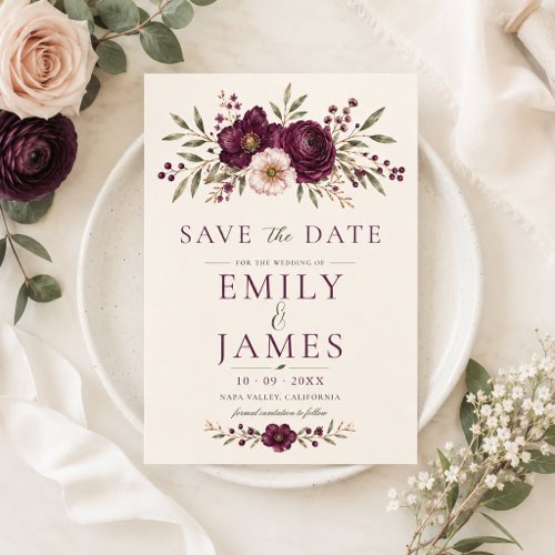 Elegant Plum Olive Botanical Wedding Save The Date