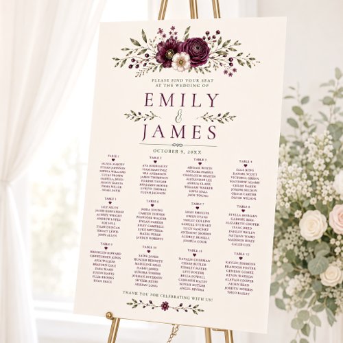 Elegant Plum Olive Botanical Wedding Seating Chart Foam Board