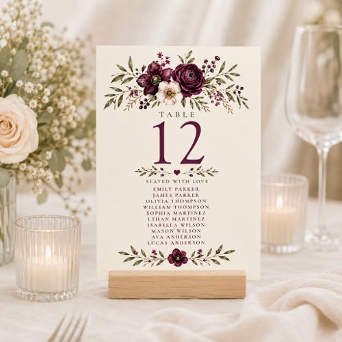 Elegant Plum Olive Botanical Wedding Seating Chart Table Number