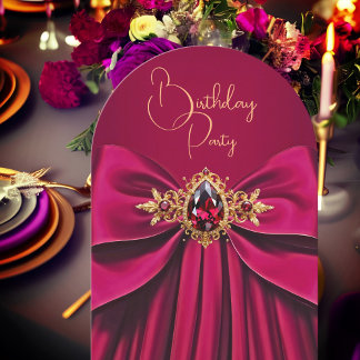 Elegant Plum Pink Jewel Bow Birthday Party Invitation