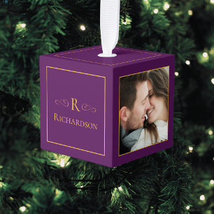 Elegant Plum Purple 3 Photo Custom Christmas Cube Ornament