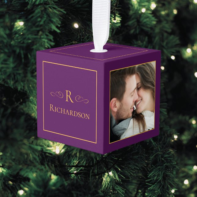 Elegant Plum Purple 3 Photo Custom Christmas Cube Ornament (Plum purple and gold family photo Christmas ornament, personalized Christmas tree decoration, gift)