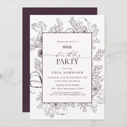 Elegant Plum Purple 60th Birthday Floral Line Art  Invitation