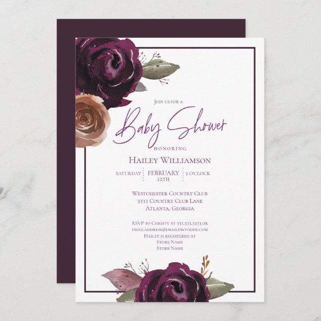 Elegant Plum, Purple and Gold Baby Shower Invitation (Front/Back)