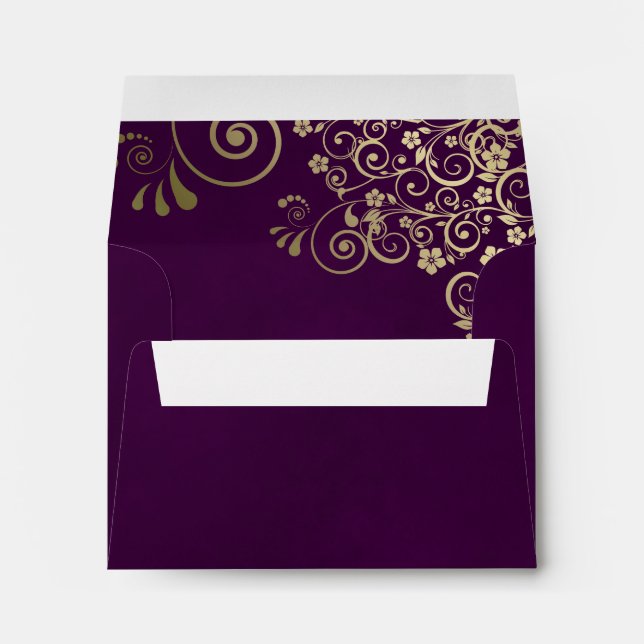 Elegant Plum Purple and Gold Lace Wedding RSVP Envelope (Back (Bottom))