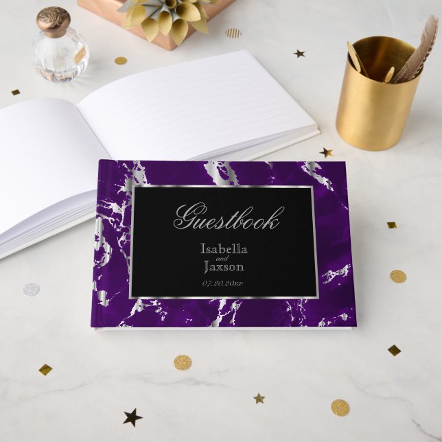 Elegant Plum Purple and Silver Marble Guestbook (Front Open)