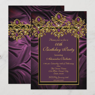 Elegant Plum Purple Birthday Party Silk Gem Gold Invitation