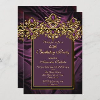 Elegant Plum Purple Birthday Party Silk Gem Gold Invitation
