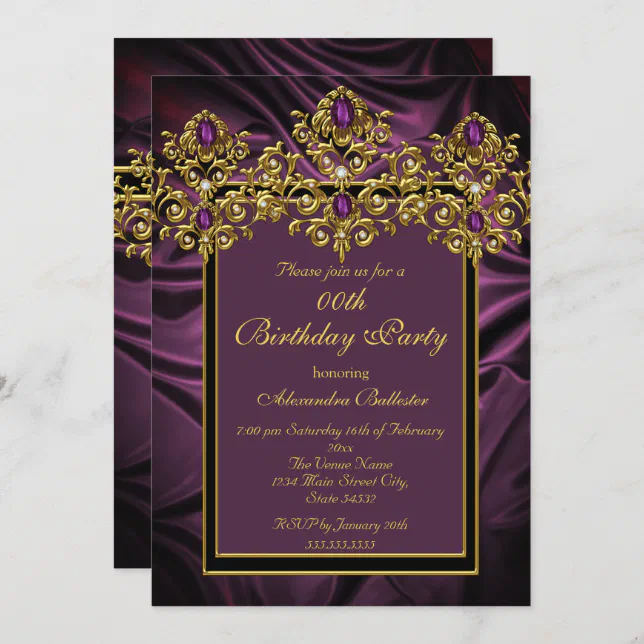 Elegant Plum Purple Birthday Party Silk Gem Gold Invitation | Zazzle