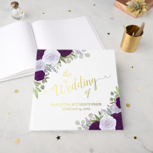Elegant Plum Purple Boho Roses Foil Wedding Guest Book