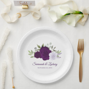 Elegant Plum Purple Boho Watercolor Roses Wedding Paper Plates