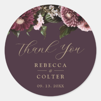 Elegant Plum Purple Burgundy Floral Wedding Classic Round Sticker