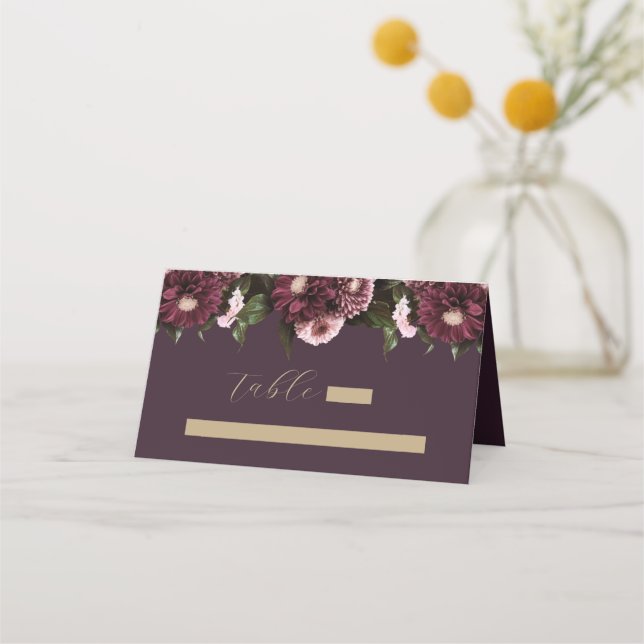 Elegant Plum Purple Burgundy Floral Wedding Place Card (Front)