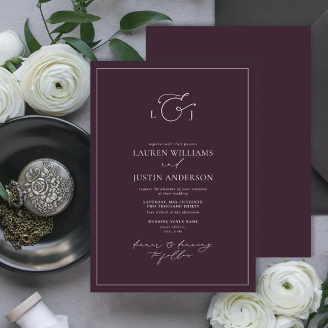 Elegant Plum Purple Calligraphy Monogram Wedding Invitation (Creator Uploaded)