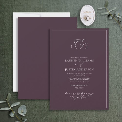 Elegant Plum Purple Calligraphy Monogram Wedding Invitation