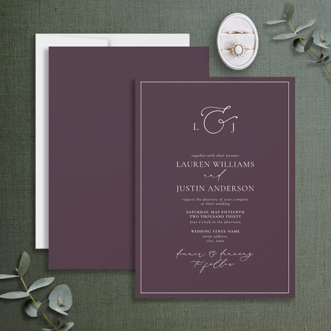 Elegant Plum Purple Calligraphy Monogram Wedding Invitation (Creator Uploaded)