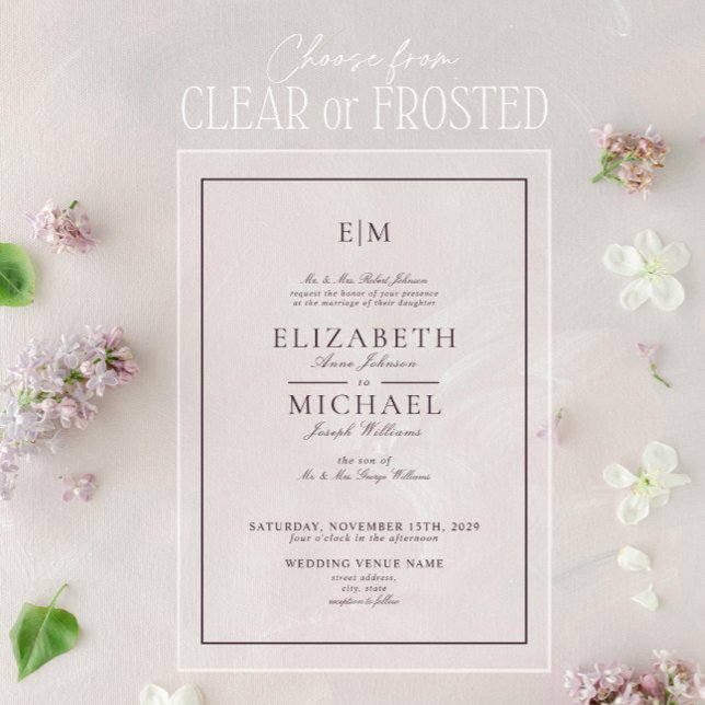 Elegant Plum Purple Classic Monogram Wedding Acrylic Invitations (Creator Uploaded)