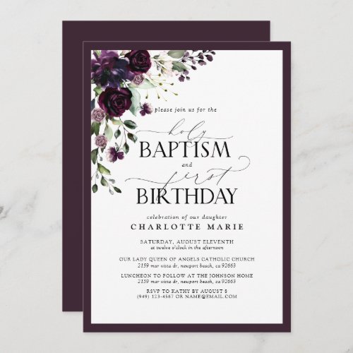 Elegant Plum Purple Floral Baptism 1st Birthday Invitation