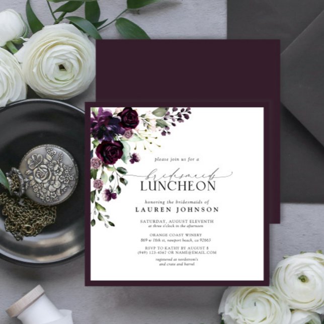 Elegant Plum Purple Floral Bridal Luncheon Invitation (Creator Uploaded)