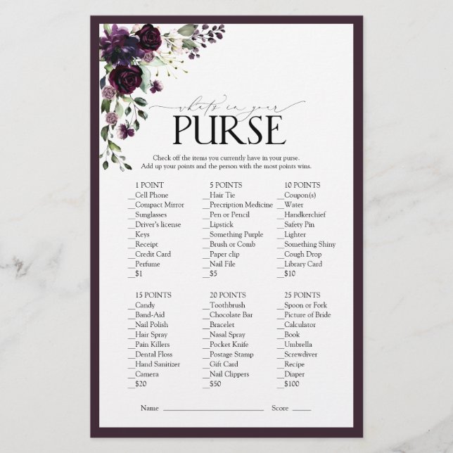 Elegant Plum Purple Floral Bridal Shower Game (Front)