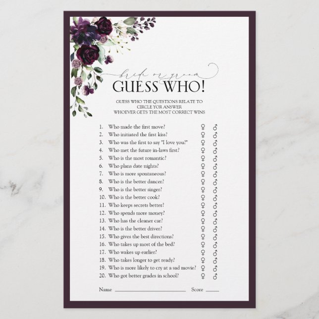 Elegant Plum Purple Floral Bridal Shower Game (Front)