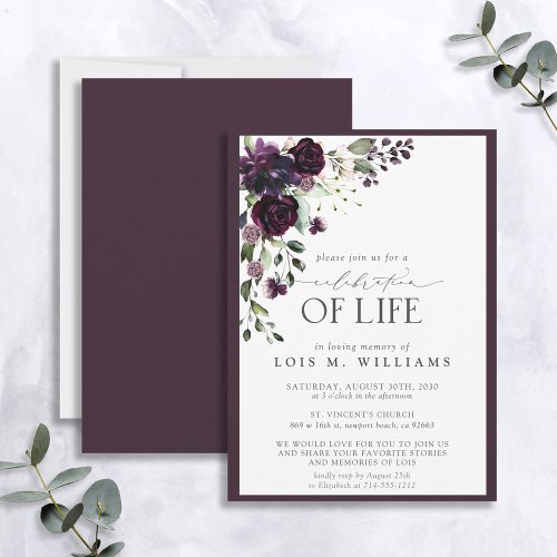 Elegant Plum Purple Floral Celebration of Life Invitation