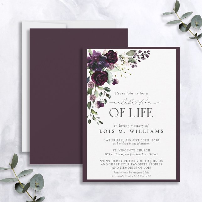 Elegant Plum Purple Floral Celebration of Life Invitation (Creator Uploaded)
