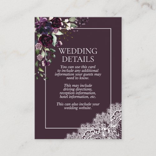 Elegant Plum Purple Floral Lace Details Enclosure Card
