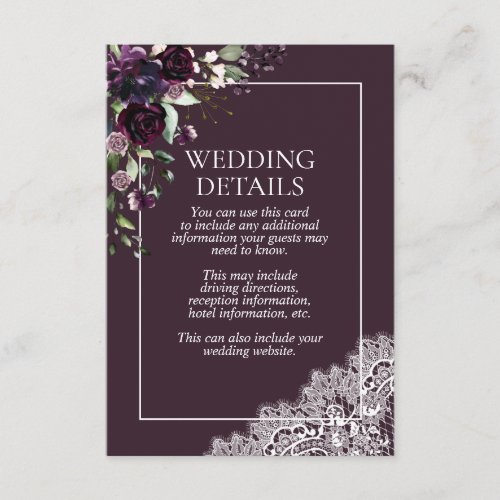 Elegant Plum Purple Floral Lace Details Enclosure Card