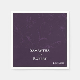 Elegant Plum Purple Floral Line Art Paper Napkins