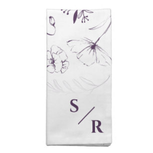 Elegant Plum Purple Floral Line Art Wedding Cloth Napkin