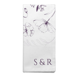 Elegant Plum Purple Floral Line Art Wedding Cloth Napkin