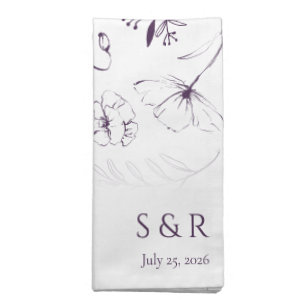 Elegant Plum Purple Floral Line Art Wedding Cloth Napkin