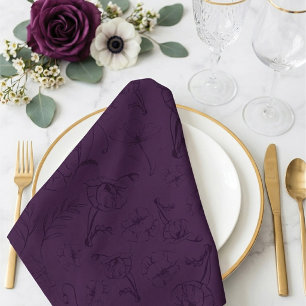 Elegant Plum Purple Floral Line Art Wedding Cloth Napkin
