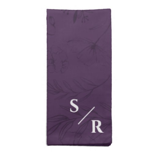 Elegant Plum Purple Floral Line Art Wedding Cloth Napkin