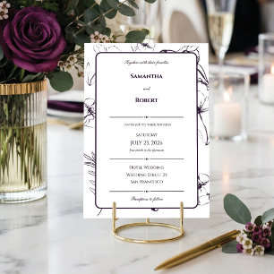 Elegant Plum Purple Floral Line Art Wedding Invitation
