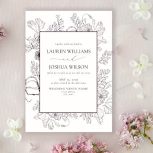 Elegant Plum Purple Floral Line Art Wedding Invitation