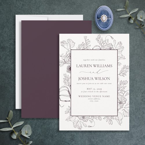 Elegant Plum Purple Floral Line Art Wedding Invitation