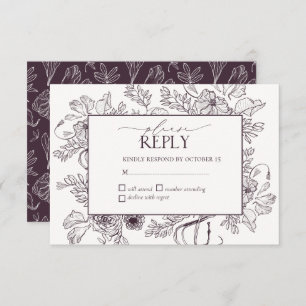 Elegant Plum Purple Floral Line Art Wedding RSVP Card