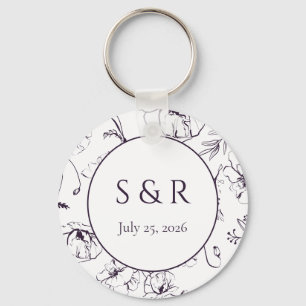 Elegant Plum Purple Floral Monogram Wedding Favor Keychain