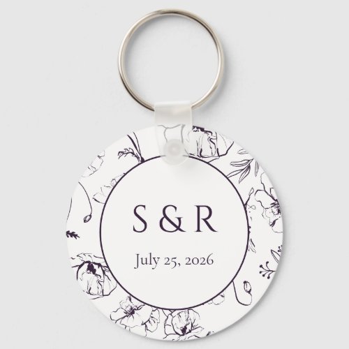 Elegant Plum Purple Floral Monogram Wedding Favor Keychain